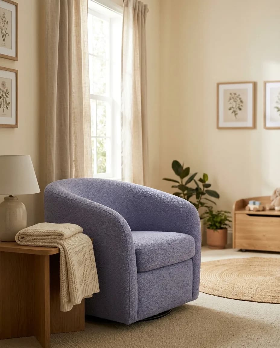 A calm, softly lit nursery corner with a chair and warm natural light